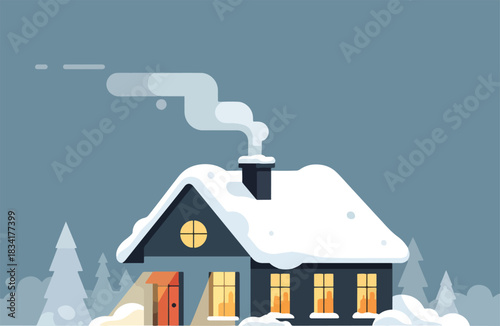 Stylized dark house with snowcovered roof chimney smoke and warm lit windows