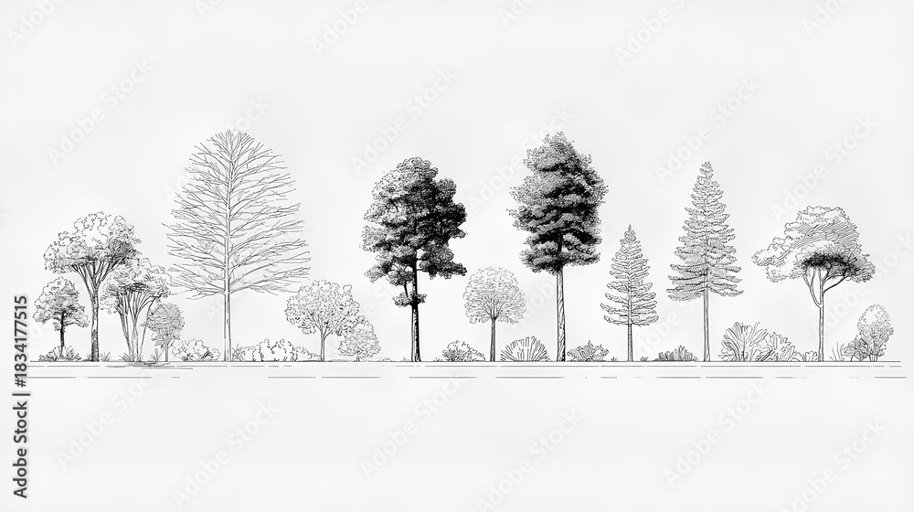 Naklejka premium Minimal style cad tree line drawing, Side view, set of graphics trees elements outline symbol for architecture and landscape design drawing. Vector illustration. outdoor forest garden section Stock