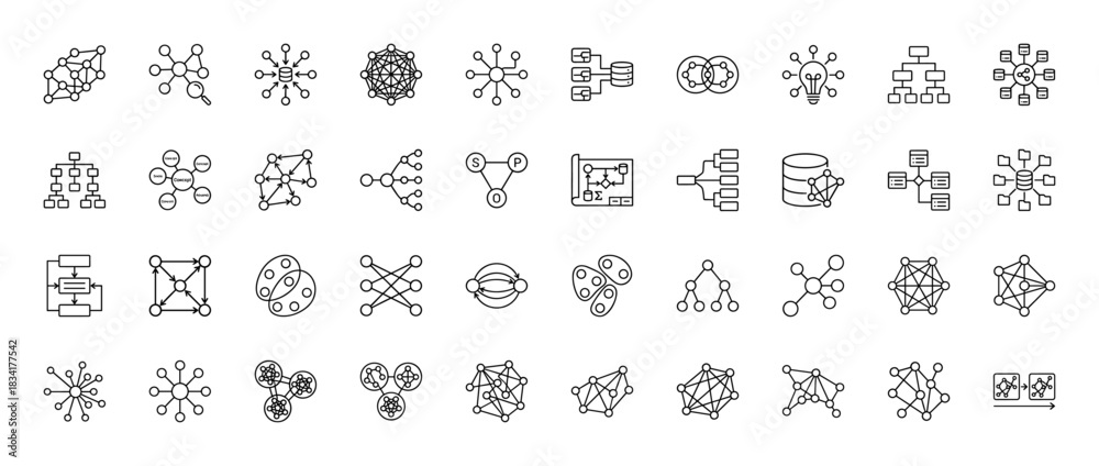 Fototapeta premium Technology and data line icon set. Vector pictograms representing networks, connections, structures, and artificial intelligence, thin outline illustration.