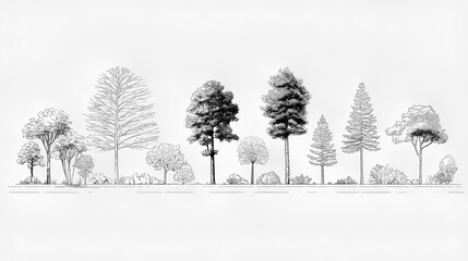 Minimal style cad tree line drawing, Side view, set of graphics trees elements outline symbol for architecture and landscape design drawing. Vector illustration. outdoor forest garden section Stock
