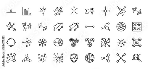 Network topology and graph theory line icon set. Vector pictograms of nodes, edges, connections, and structural properties, thin outline illustration.