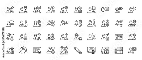 Business and career line icon set. Vector pictograms of teamwork, management, finance, data, and education, thin outline illustration.
