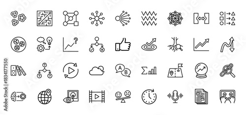 Data analysis and machine learning line icon set. Vector pictograms of neural network, algorithm, maze, decision tree, flowchart, statistics, thin outline illustration.