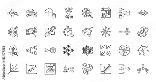 Data science and machine learning line icon set. vector pictograms of neural networks, algorithms, analytics, and big data, thin outline illustration.