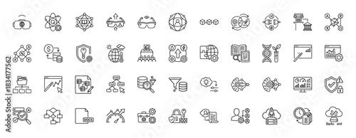 Technology and data science line icon set. Vector pictograms of virtual reality, artificial intelligence, blockchain, and security, thin outline illustration.
