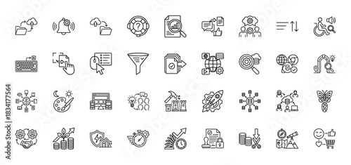 Business and technology line icon set. Vector pictograms of data analysis, finance, security, productivity, and strategy, thin outline illustration.
