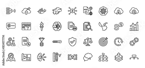 Technology and DevOps line icon set. Vector pictograms of cloud, brain, server, database, shield, gears and analytics, thin outline illustration.