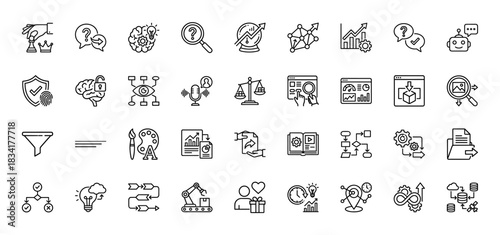 Business and data analysis line icon set. Vector pictograms of puzzle, research, chart, shield, balance, and automation, thin outline illustration.