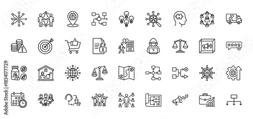Business strategy and management line icon set. Vector pictograms of decision-making, planning, security, and global connections, thin outline illustration.