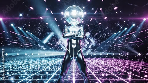 Dynamic scene with a metallic figure featuring a shimmering disco ball head standing confidently on a vibrant neon lit stage with sparkling particles and futuristic
