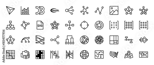 Data visualization and network diagram line icon set. Vector pictograms of charts, graphs, WebGL, matrix, and GIS map symbols, thin outline illustration.