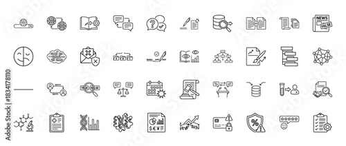 Business analytics and data management line icon set. Vector pictograms of research, documentation, compliance, and legal items, thin outline illustration.