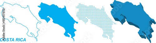 Costa Rica Map Vector Set, Central America Outline Silhouette Dotted 3D Solid Shapes, Costa Rica Country Infographic Template, Editable EPS Costa Rica Geography