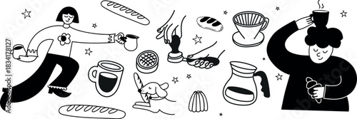 Stylish line art set with barista, tamping hands, coffee tools, bread, waffles, baguette, and pastries. Ideal for menus, posters, packaging, blogs, and cafe branding.