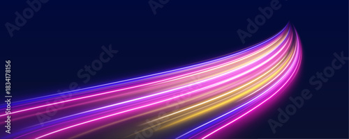 Glowing neon swirls twist and pulse with vibrant energy. Motion blur enhances the sense of speed and movement. Ideal for sci-fi and digital tech visuals.