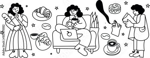 Cute black-and-white line art collection with characters, baguette, croissant, coffee cups, laptop, plants, and desserts. Great for menus, branding, blogs, stickers, and prints.
