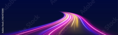 Glowing polygonal shapes follow twisting neon paths. Motion blur adds dynamic flow and futuristic energy. Ideal for AI or tech visuals.