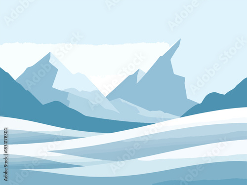 Stylized illustration of blue and white snowcovered mountains and foreground snowdrifts
