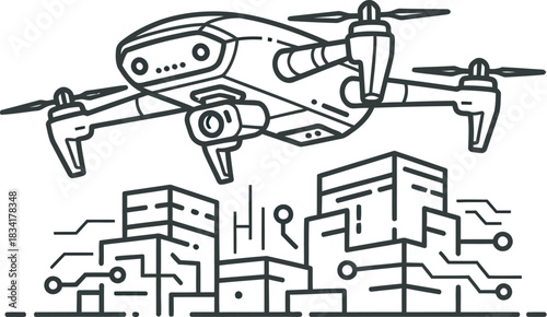 Modern drone surveying a futuristic city with digital connections