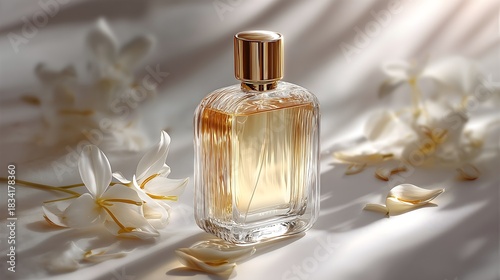 Photograph of a white label perfume bottle with flowers and flower pedals. Product photography