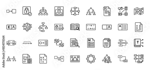 Data and development line icon set. Vector pictograms of flow charts, security, documentation, and data structures, thin outline illustration.