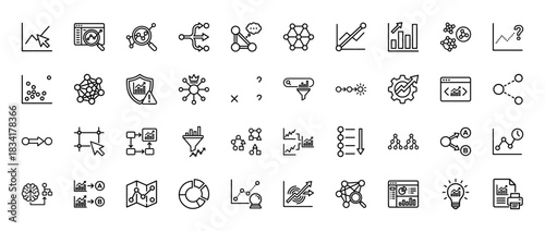 Data analysis and visualization line icon set. Vector pictograms of charts, graphs, algorithms, and business intelligence, thin outline illustration.