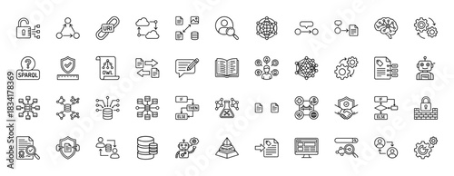 Knowledge graph and semantic web line icon set. Vector pictograms of ontology, uri, ai, and data flow, thin outline illustration.