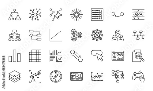 Data science and analytics line icon set. Vector pictograms of flowcharts, network diagrams, graphs, and neural networks, thin outline illustration.