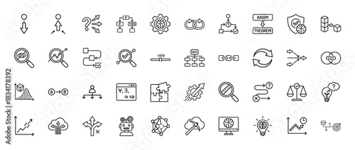 Decision making and data analysis line icon set. Vector pictograms of logic, process, algorithm, and problem solving, thin outline illustration.