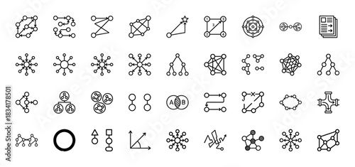 Data structure and networking line icon set. Vector pictograms of flowcharts, node networks, hierarchy trees, and cycles, thin outline illustration.