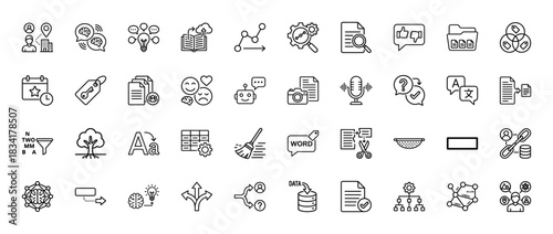 Business and data analysis line icon set. Vector pictograms of research, strategy, knowledge, and development, thin outline illustration.