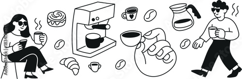 Bold monochrome line art set with espresso machine, huge coffee cup hand, croissants, beans and characters. Ideal for trendy cafe branding, stickers and illustrations.