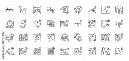 Time and location analysis line icon set. Vector pictograms of clock, graph, map, brain, and coordinate systems, thin outline illustration.