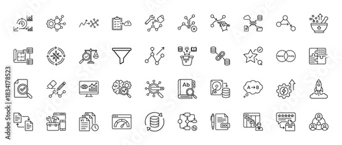 Data science and analytics line icon set. Vector pictograms of machine learning, research, database, and process flow, thin outline illustration.