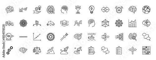 Strategy and idea development line icon set. Vector pictograms of brainstorming, targeting, analysis, thinking, and innovation, thin outline illustration.