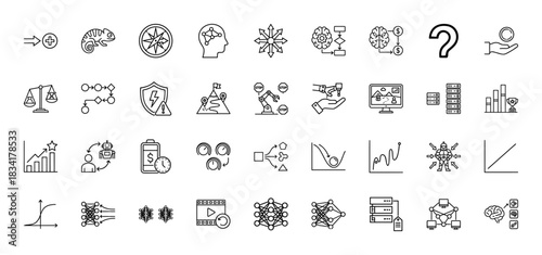 Artificial intelligence and machine learning line icon set. Vector pictograms of neural networks, data flow, growth chart, and problem-solving, thin outline illustration.