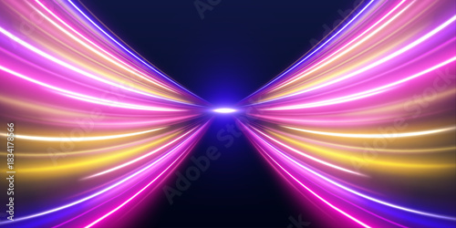 Light trails curve and swirl in dynamic neon patterns. Bright streaks highlight speed and futuristic motion. Perfect for sci-fi or racing themes. 