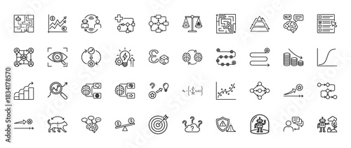 Business and data analysis line icon set. Vector pictograms of charts, diagrams, processes, and strategy, thin outline illustration.