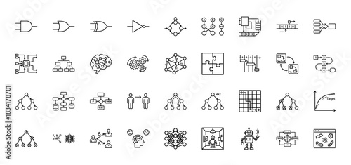 Artificial intelligence and machine learning line icon set. vector pictograms of neural networks, logic gates, decision trees, and robotics, thin outline illustration.