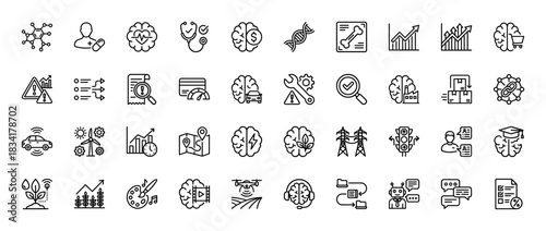 Artificial intelligence and technology line icon set. Vector pictograms of brain, drone, data, science, finance, medical, and industry, thin outline illustration.