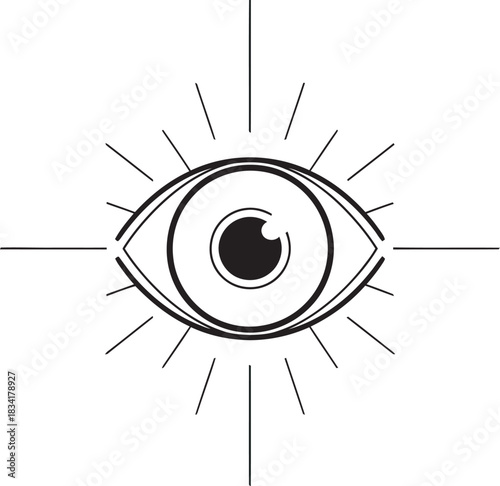 Mystical eye symbol radiating light with sharp lines on a white background.