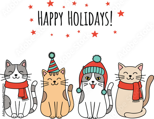 Cute cartoon cats wearing festive hats and scarves wish "Happy Holidays! " with red stars scattered around