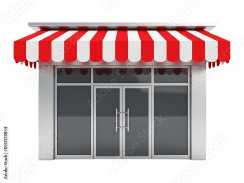 Store facade with red and white striped awning, glass doors. cutout on transparent background