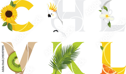 Nature inspired alphabet, decorative letters, tropical elements, botanical typography, fruit accents, floral design, creative font, exotic style, vibrant illustration, artistic concept