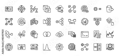 Information technology and cybersecurity line icon set. Vector pictograms of networking, data security, kernel, and isr concepts, thin outline illustration.