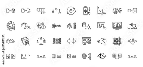 Data science, machine learning, and artificial intelligence line icon set. Vector pictograms of neural networks, data flow, development cycles, and graph analysis, thin outline illustration.