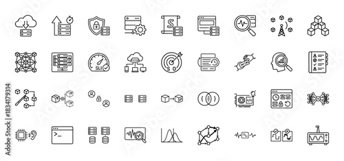 Technology and data line icon set. Vector pictograms of server, network, cloud, security, and analysis, thin outline illustration.