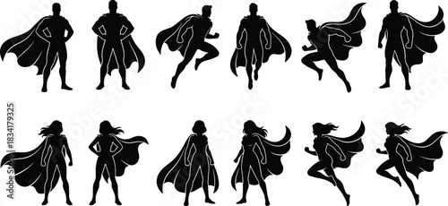 Superhero and Superwoman Silhouette Icons Set, Flying, Standing, and Action Poses, Heroic Figure in Cape, Comics, Power, Flat Vector Illustration