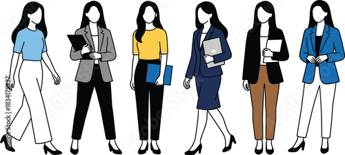 Six Business Women Walking in Various Professional Attire and Carrying Work Accessories, Representing Diverse Careers and Corporate Roles, Flat Vector Illustration