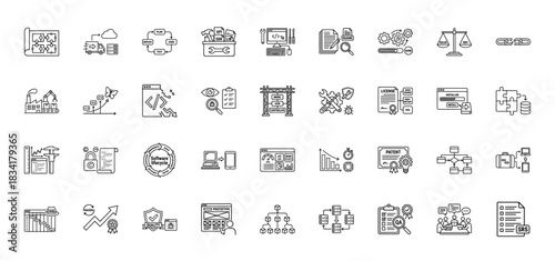Software development line icon set. Vector pictograms of coding, testing, planning, documentation, and quality assurance, thin outline illustration.
